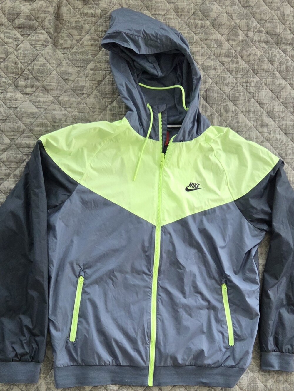Nike Men’s Large Hooded Windrunner Jacket - Neon Lime, Gray And Black
